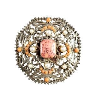 Antique Antique Czech Jewelry Coral Pink Howlite & Pearl Gold Brooch Pendant Pin